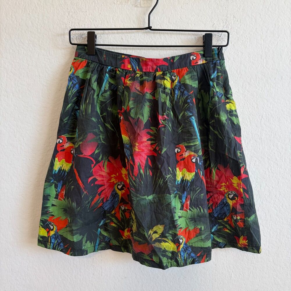 LOVE MOSCHINO High Waist Black Tropical Parrot Print A-Line Mini Skirt Womens 4